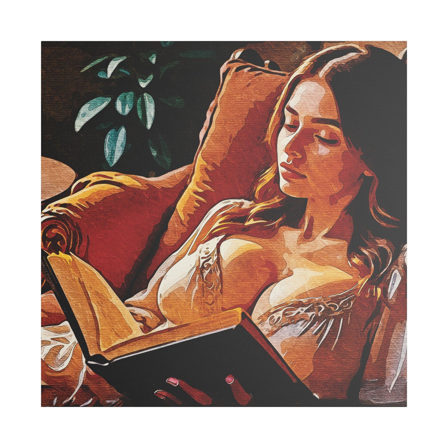 "Golden Hour Reading: Cozy Literary Escape Where Stories Come Alive in Warm Autumn Light" - Elegant Satin Canvas Artwork, Home Decor, Wall Art, Gallery Ready, Gift for Art Lovers, Cozy Vibes, Living Room Decoration
