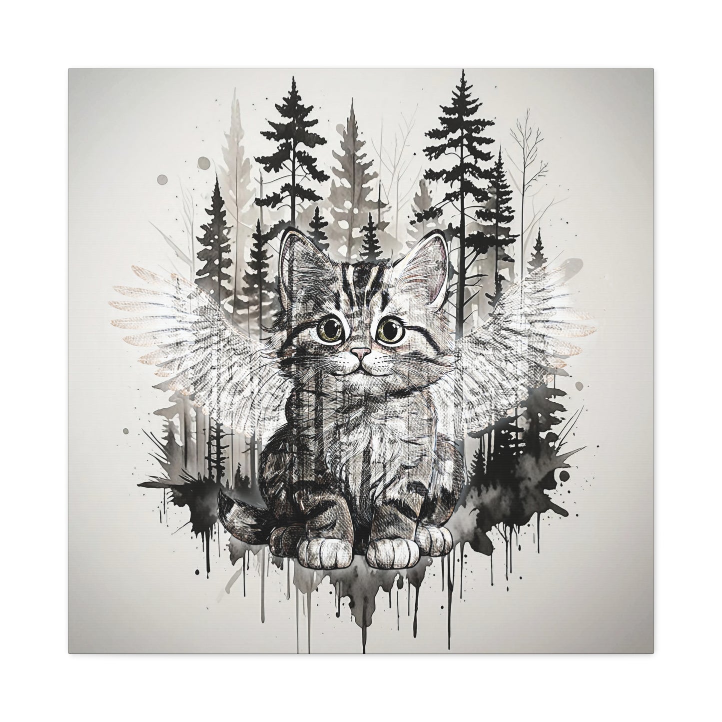 Your personal Guardian Cat Canvas Wall Art - 1.25" Stretched Matte Print with Angel Wings and Forest Theme