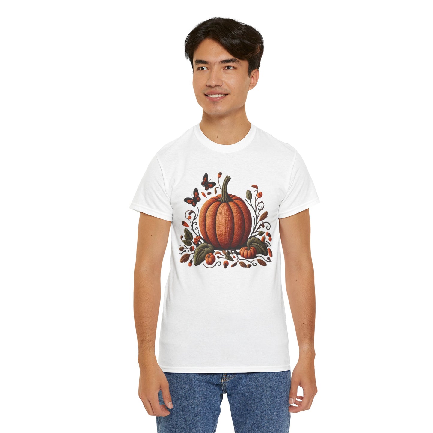 Pumpkin & Botanical Bliss โ Autumnโs Cozy Charm ๐๐ - Autumn Pumpkin Tee, Fall T-Shirt, Halloween Shirt, Thanksgiving Gift, Unisex Heavy Cotton Tee