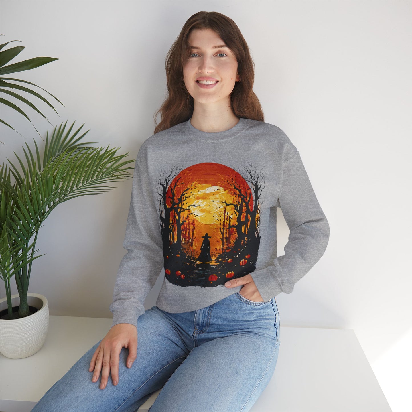 Moonlit Mischief: Autumn’s Enchanted Glow for Sweatshirts, mugs and more - Autumn Sunset Witch Sweatshirt - Cozy Unisex Crewneck for Fall, Halloween, Pumpkin Spice Lovers, Seasonal Fashion, Gift Idea