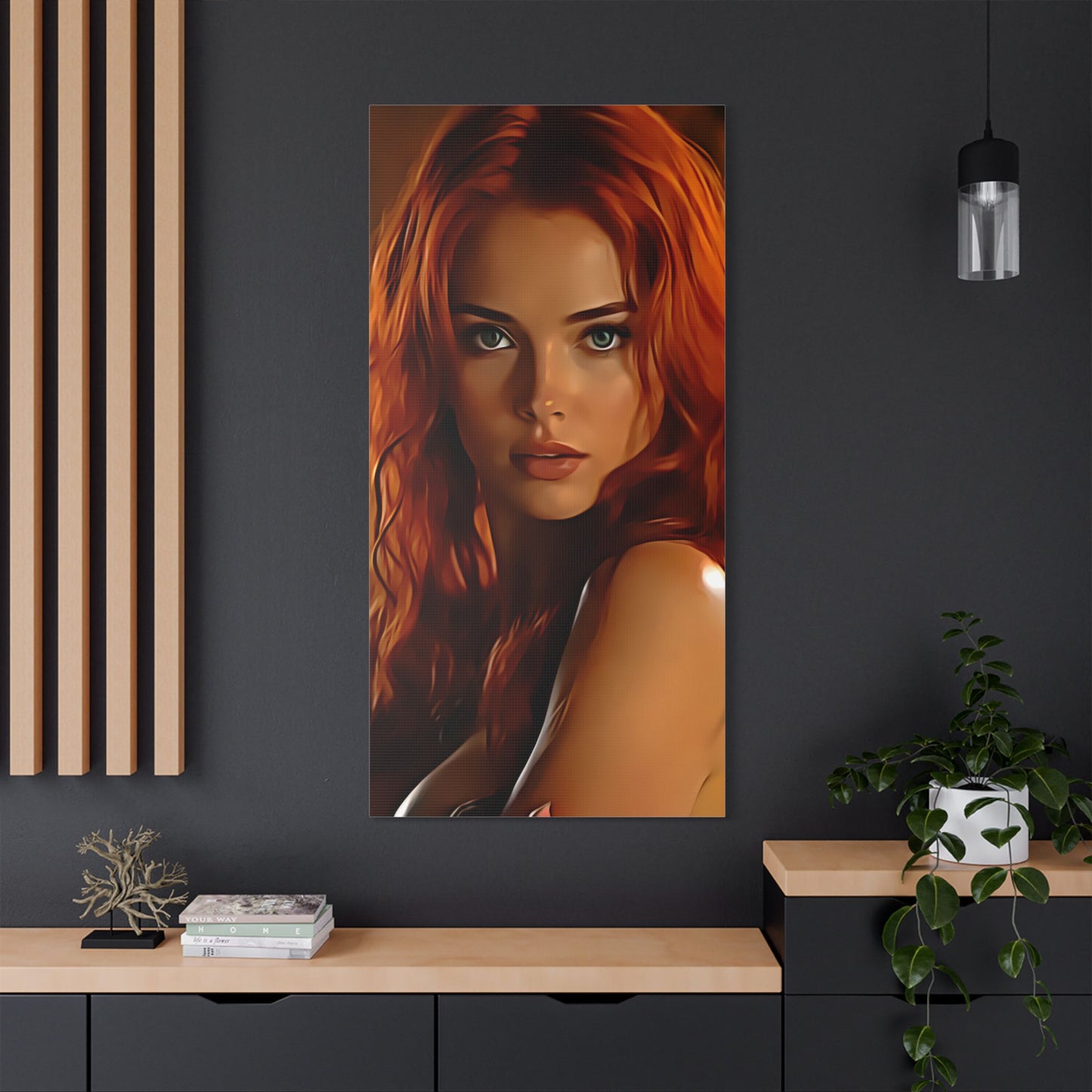 Fiery Muse: Ignite Your Passion with the Radiant Gaze of the Crimson Enchantress - Stretched Canvas Art Print, Vibrant Wall Decor, Art for Living Room, Unique Gift for Art Lovers, Home Decor
