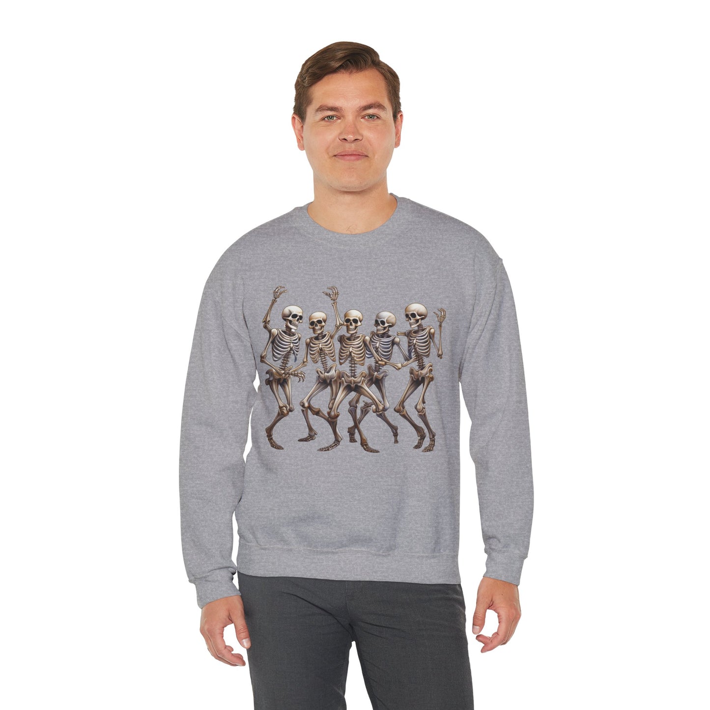 "Celebrate Life with Dancing Skeletons – Bold Apparel & Mugs that Spark Joy" - Halloween Skeleton Dance Crewneck Sweatshirt, Unisex Sweatshirt, Fall Fashion, Spooky Season Apparel, Gift for Halloween Lovers