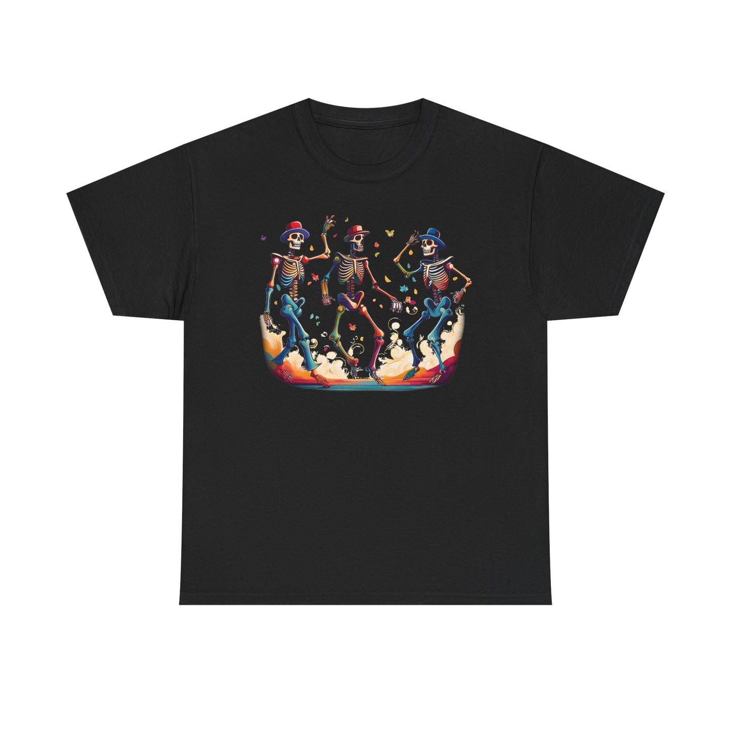 Dancing Skeletons Halloween Party - Spooky Fun Celebration Art - Festive Autumn Spirit Collection - Colorful Skeleton Dance Tee, Casual Halloween T-Shirt, Unique Gift for Parties, Unisex Graphic Shirt, Fun Everyday Wear
