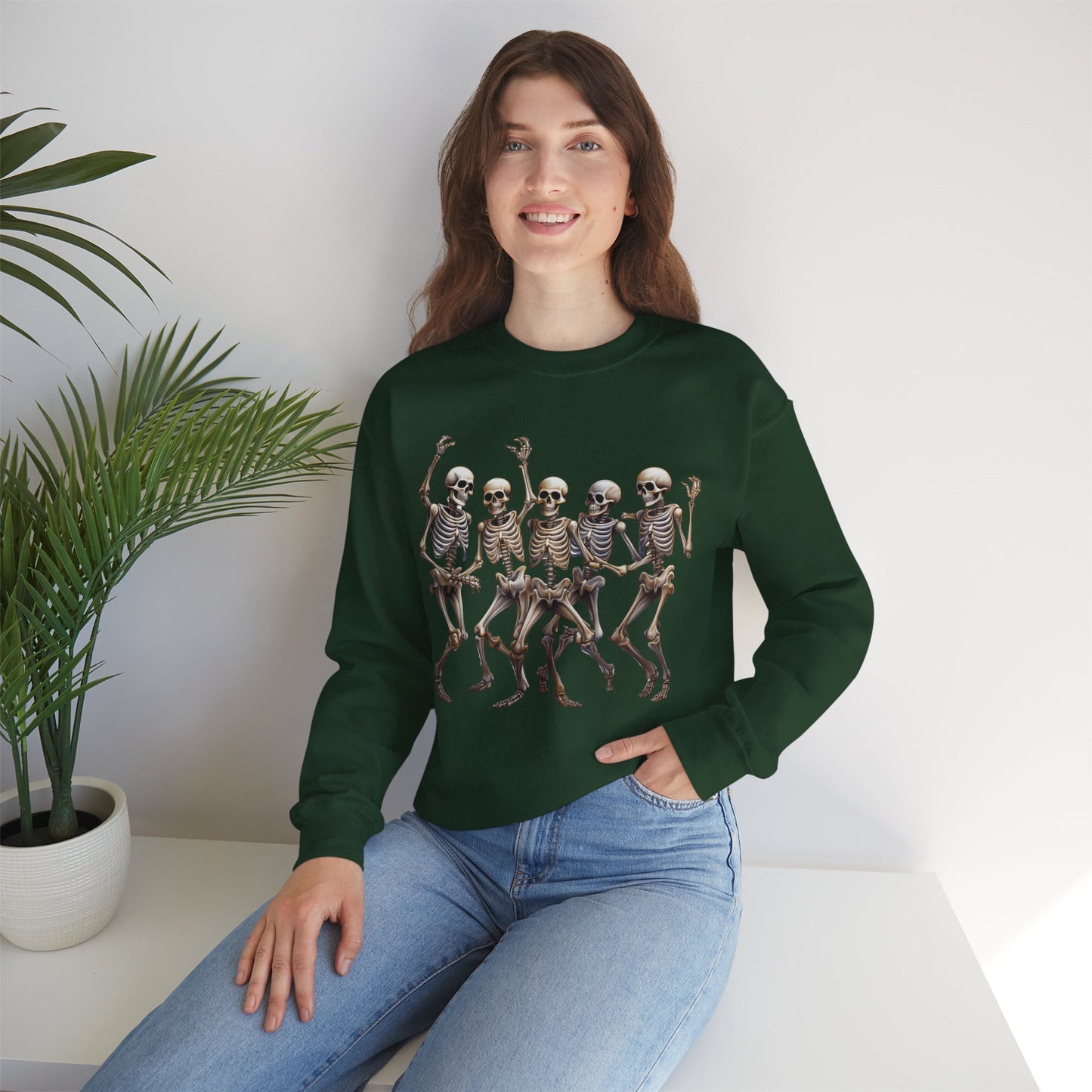 "Celebrate Life with Dancing Skeletons – Bold Apparel & Mugs that Spark Joy" - Halloween Skeleton Dance Crewneck Sweatshirt, Unisex Sweatshirt, Fall Fashion, Spooky Season Apparel, Gift for Halloween Lovers