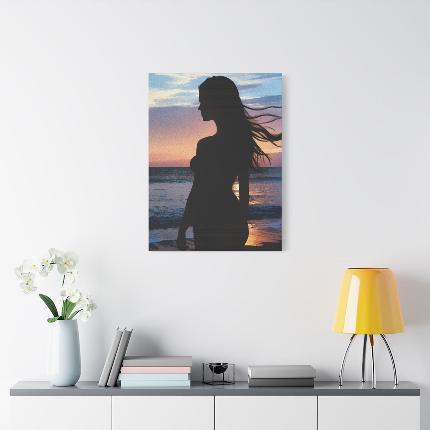 Whispers of the Horizon – Serene Silhouette at Sunset Capturing Peace, Beauty, and Timeless Grace - Satin Canvas Wall Art, Elegant Silhouette Beach Decor, Serenity Artwork, Perfect Gift for Home, Office, and Special Occasions