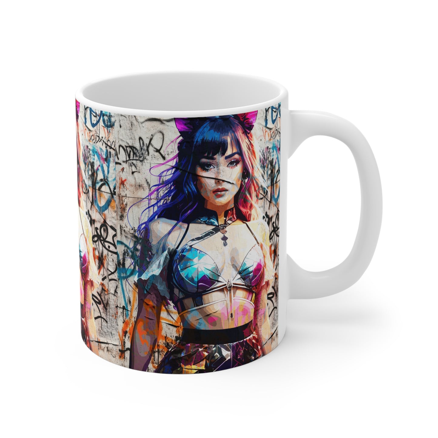 Ceramic Mug - 'Prismatic Feline Enchantress' Anime-Inspired Kaleidoscope Catgirl Cyberpunk Neon Artwork