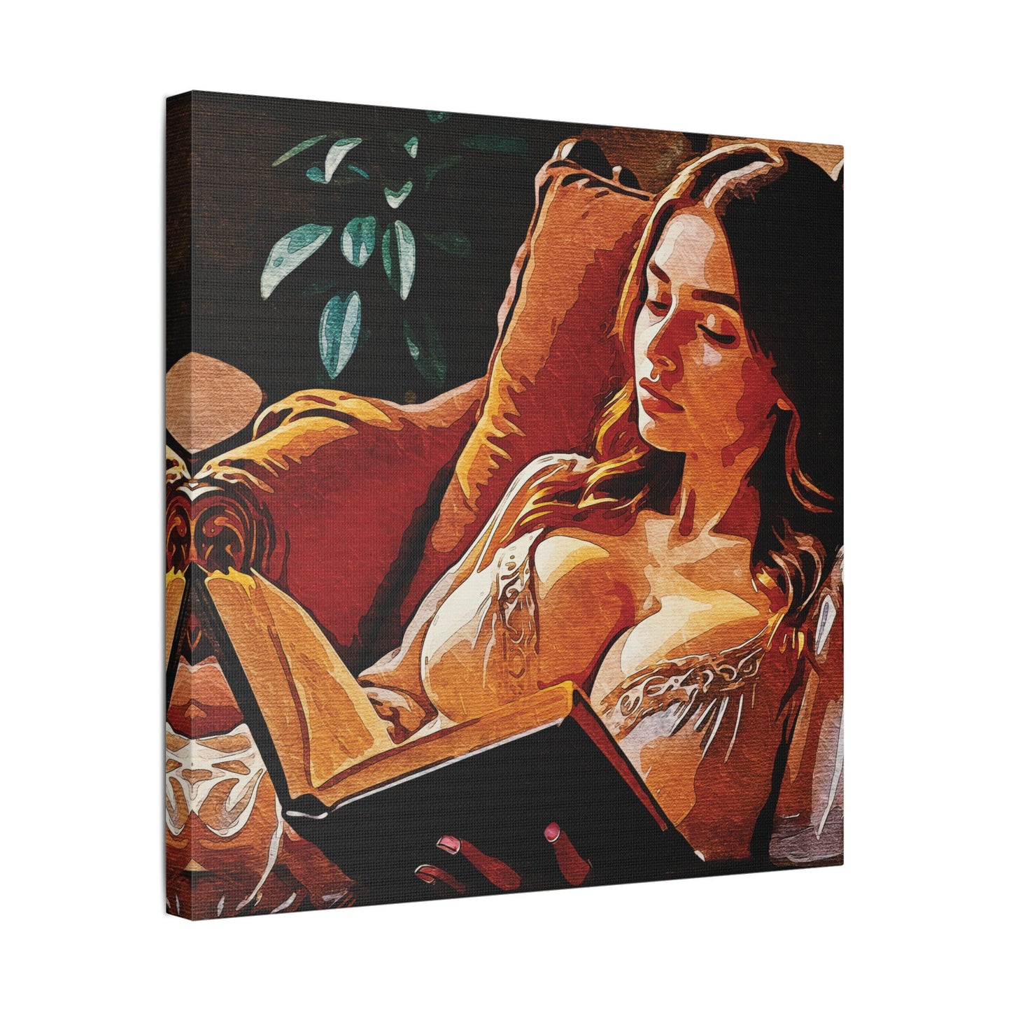"Golden Hour Reading: Cozy Literary Escape Where Stories Come Alive in Warm Autumn Light" - Elegant Satin Canvas Artwork, Home Decor, Wall Art, Gallery Ready, Gift for Art Lovers, Cozy Vibes, Living Room Decoration