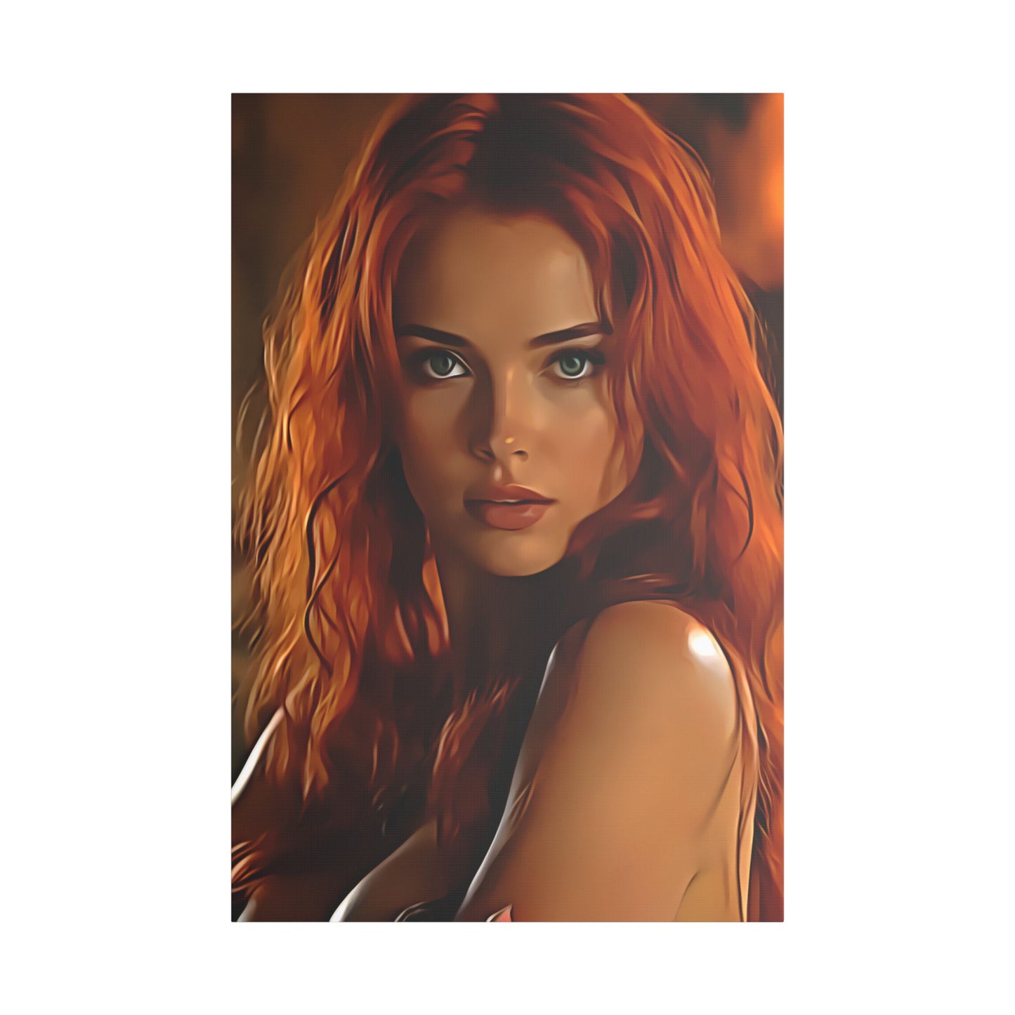 Fiery Muse: Ignite Your Passion with the Radiant Gaze of the Crimson Enchantress - Stretched Canvas Art Print, Vibrant Wall Decor, Art for Living Room, Unique Gift for Art Lovers, Home Decor