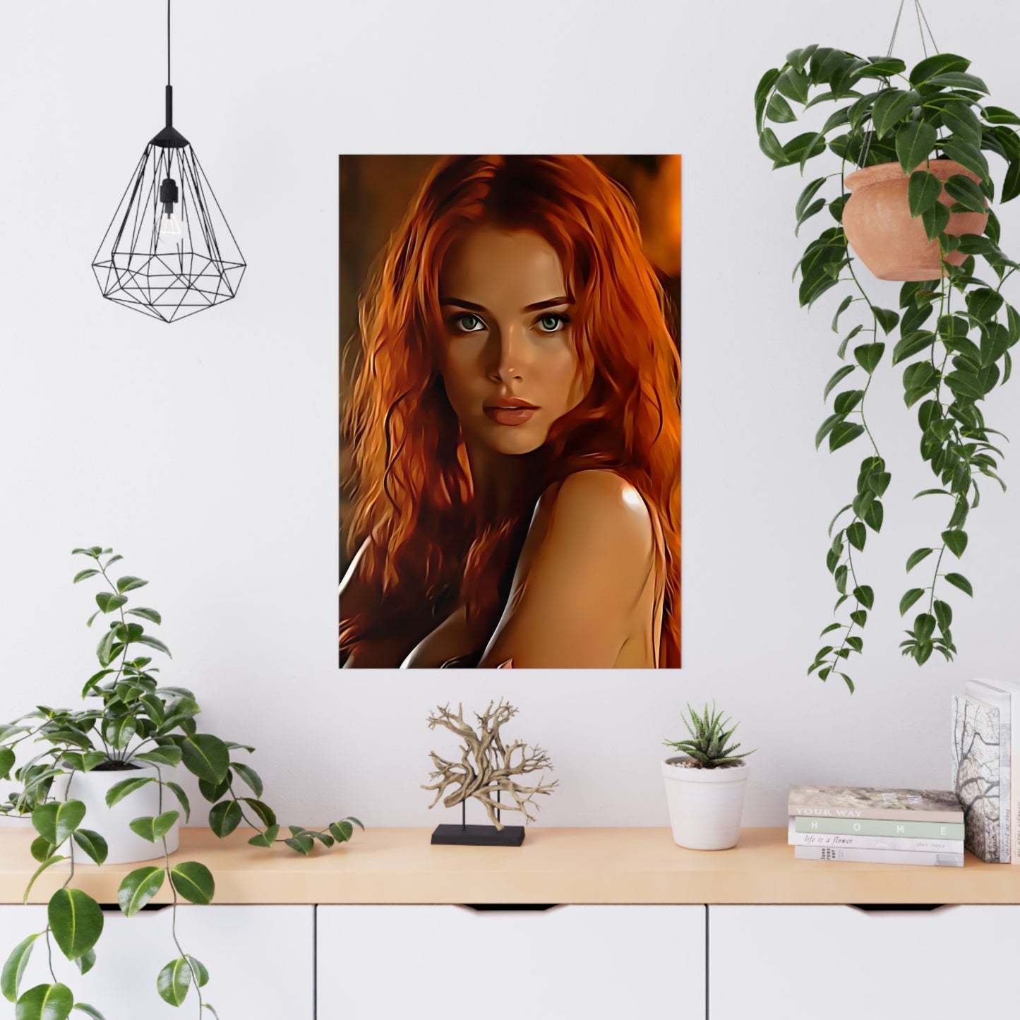 Fiery Muse: Ignite Your Passion with the Radiant Gaze of the Crimson Enchantress - Vibrant Matte Poster Art, Captivating Wall Decor, Perfect Gift for Art Lovers, Home Aesthetic, Unique Artwork for Any Occasion