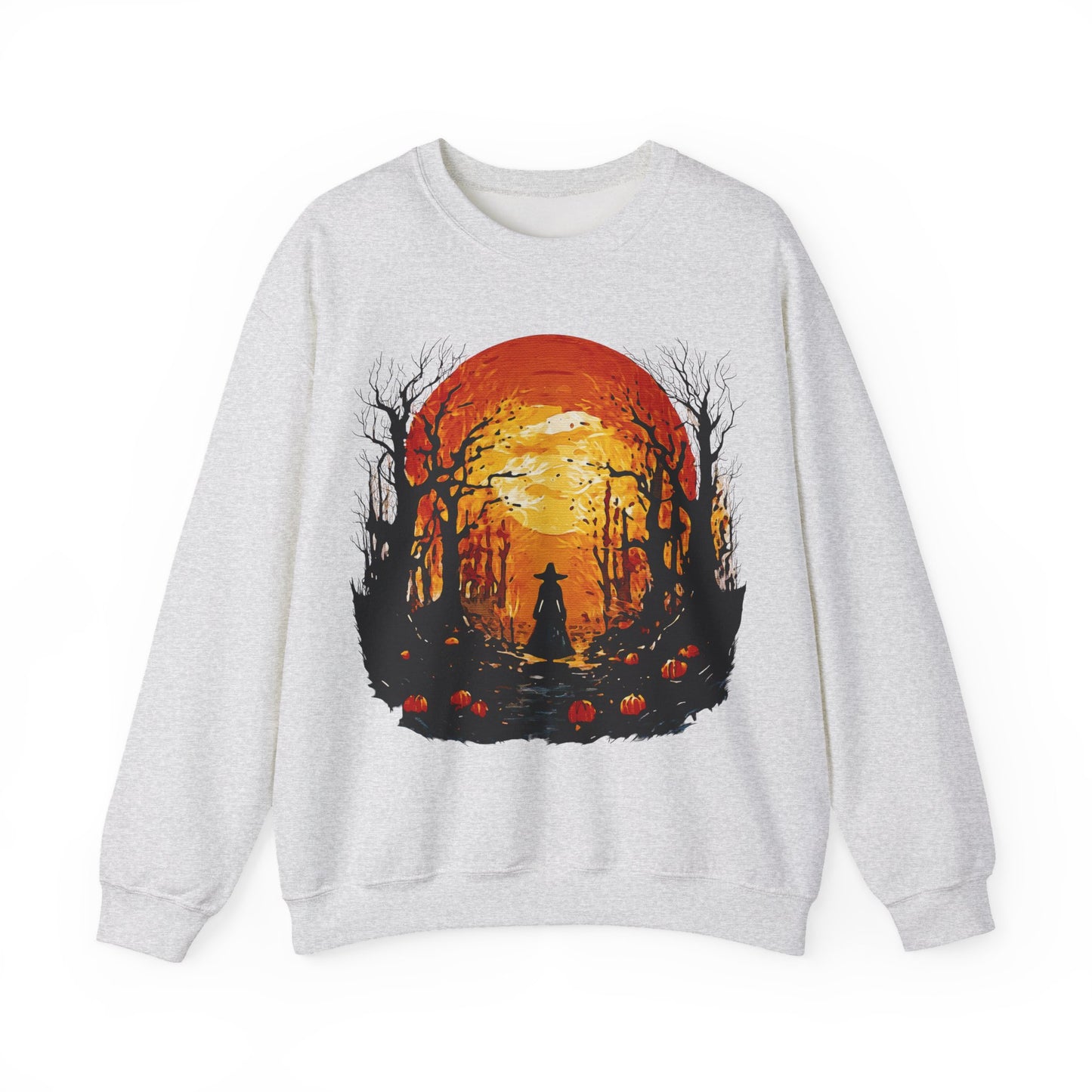 Moonlit Mischief: Autumn’s Enchanted Glow for Sweatshirts, mugs and more - Autumn Sunset Witch Sweatshirt - Cozy Unisex Crewneck for Fall, Halloween, Pumpkin Spice Lovers, Seasonal Fashion, Gift Idea