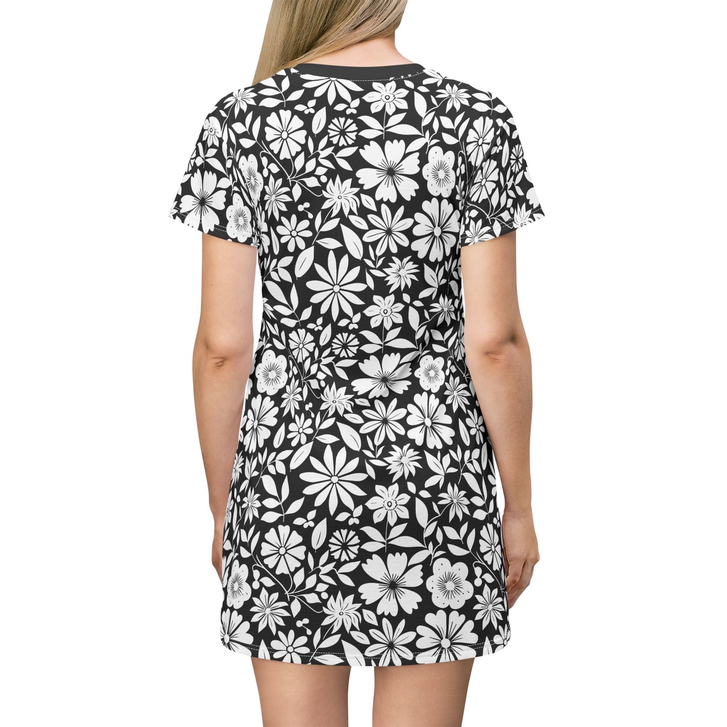 Floral T-Shirt Dress - Black and White Floral Pattern