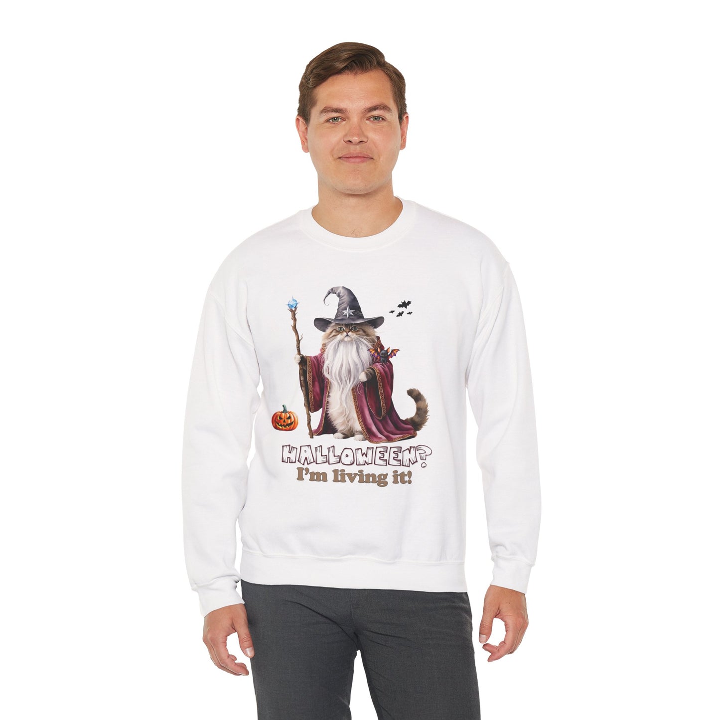 π§ Living the Spell: Wizardry, Whimsy & Halloween Cheer π - Halloween Wizard Sweatshirt, Unisex Crewneck for Fall, Cozy Gift for Cat Lovers, Spooky Season Apparel, Fun Costume Alternative