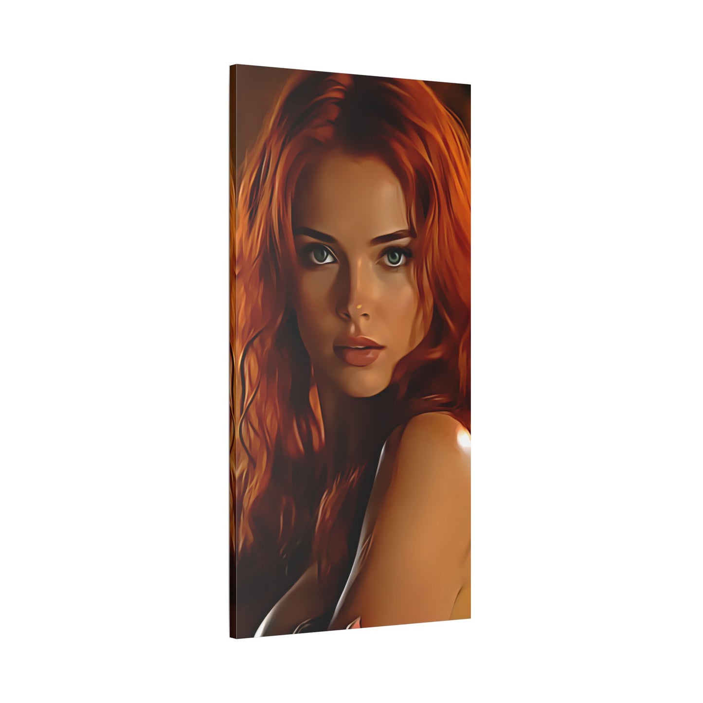 Fiery Muse: Ignite Your Passion with the Radiant Gaze of the Crimson Enchantress - Stretched Canvas Art Print, Vibrant Wall Decor, Art for Living Room, Unique Gift for Art Lovers, Home Decor