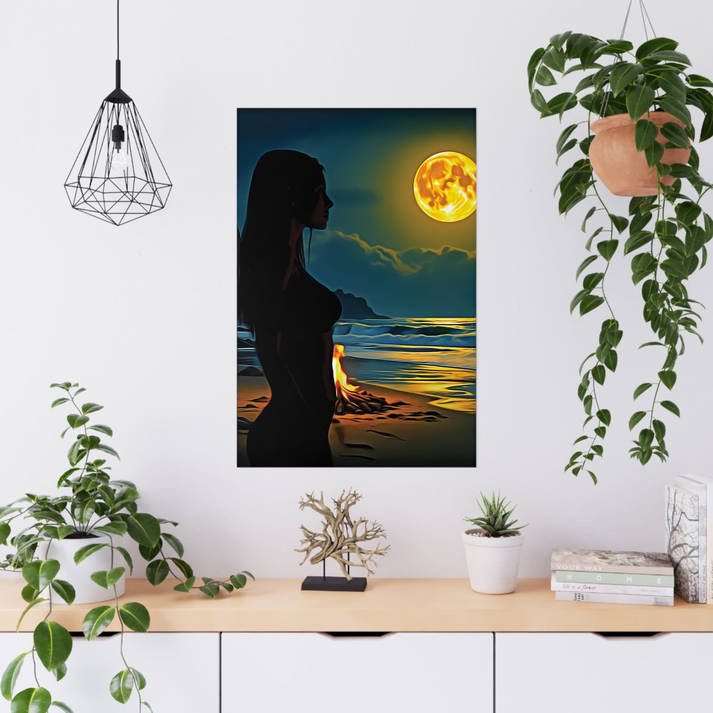 Moonfire Calm โ Where Ocean Light Meets Inner Glow ๐๐ฅ - Ocean Sunset Matte Poster, Beach Wall Art, Boho Decor, Moonlit Artwork, Nature Print, Home Aesthetic Decor
