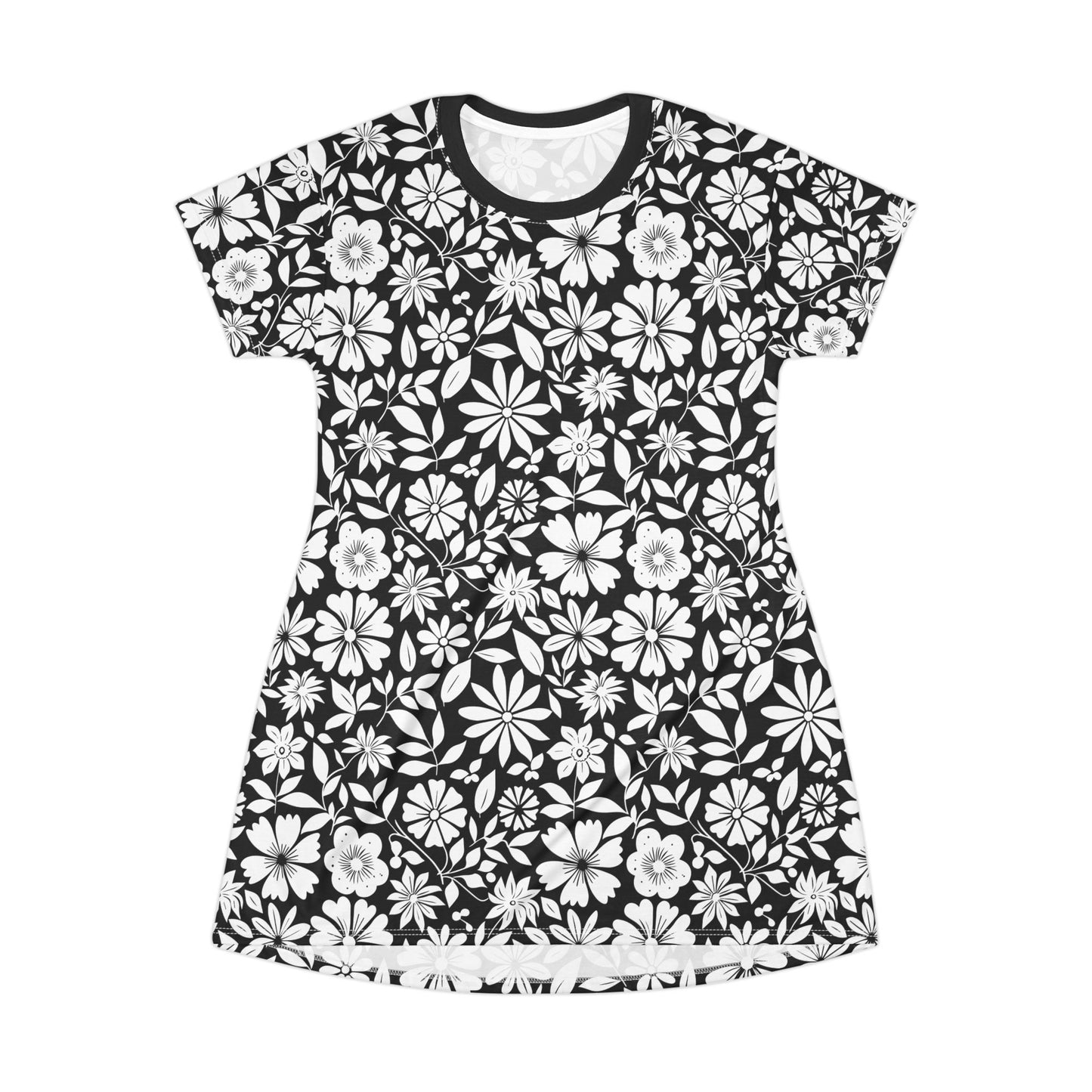 Floral T-Shirt Dress - Black and White Floral Pattern