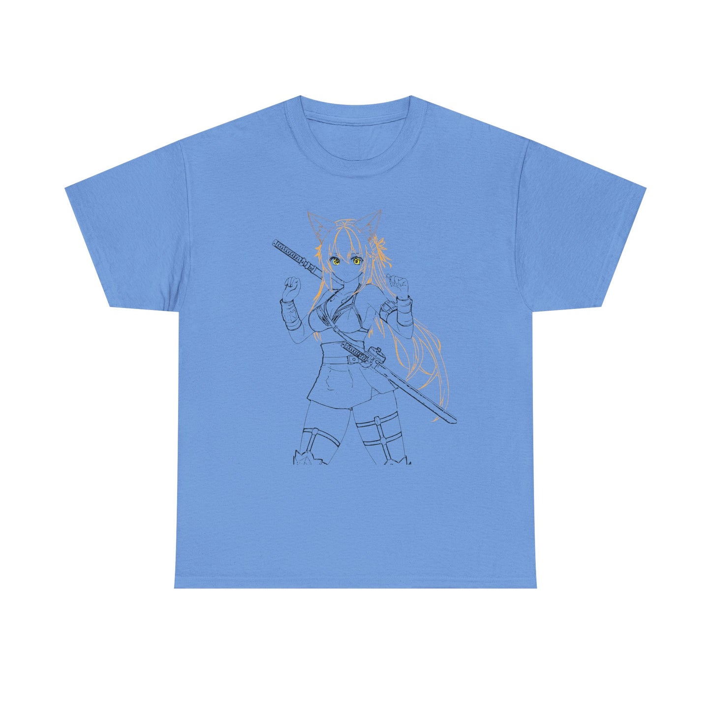 Cat-Eared Blade – Anime Warrior Power on Tees - Anime Samurai Unisex Heavy Cotton Tee, Cute Graphic T-Shirt, Comfortable Casual Wear, Gifts for Anime Lovers, Birthday Surprise