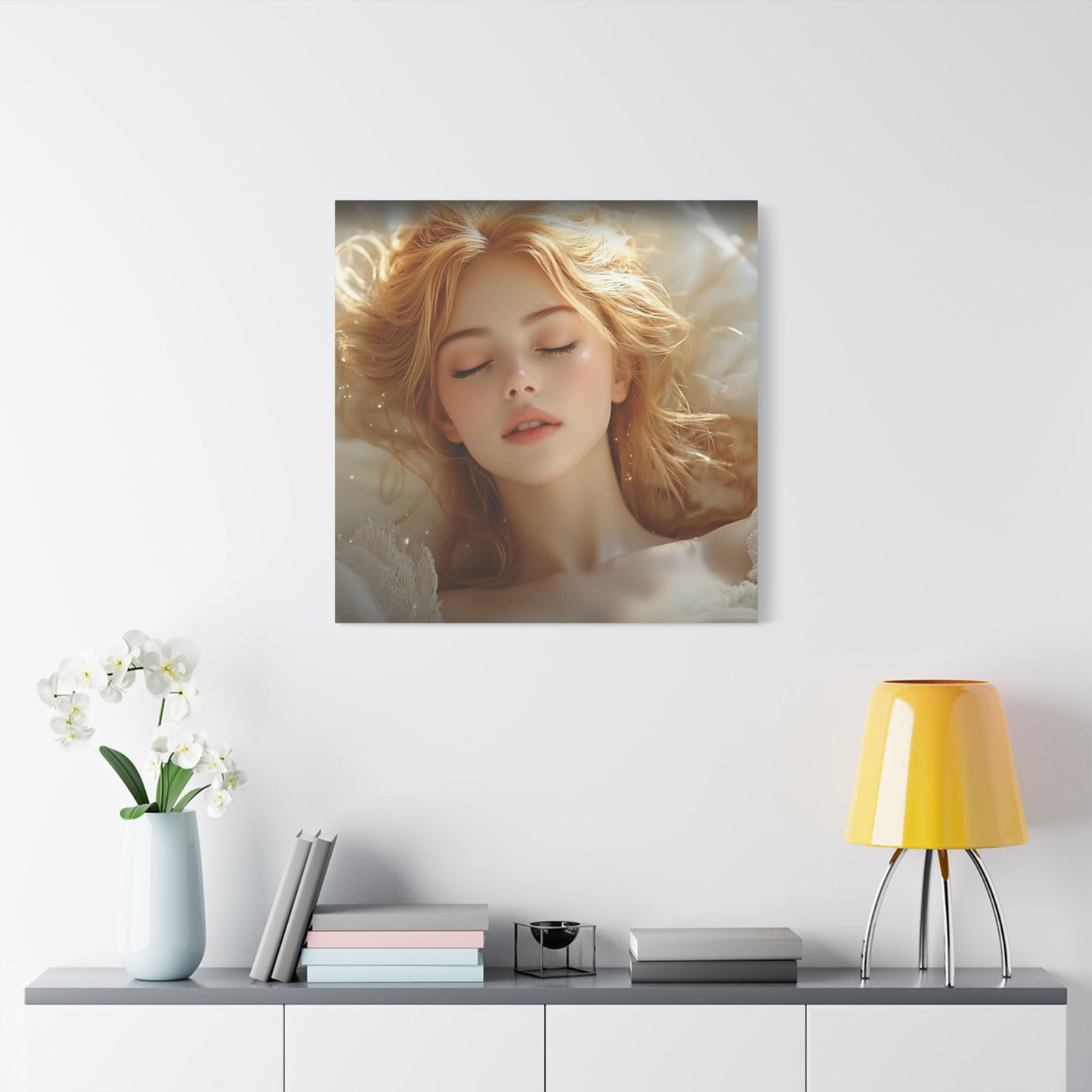 Halo Dreams β Ethereal Glow and Blonde Serenity in Stillness πβ¨ - Satin Canvas Wall Art, Dreamy Portrait Print, Elegant Home Decor, Relaxing Bedroom Decor, Gift for Art Lovers, Serene Wall Hanging