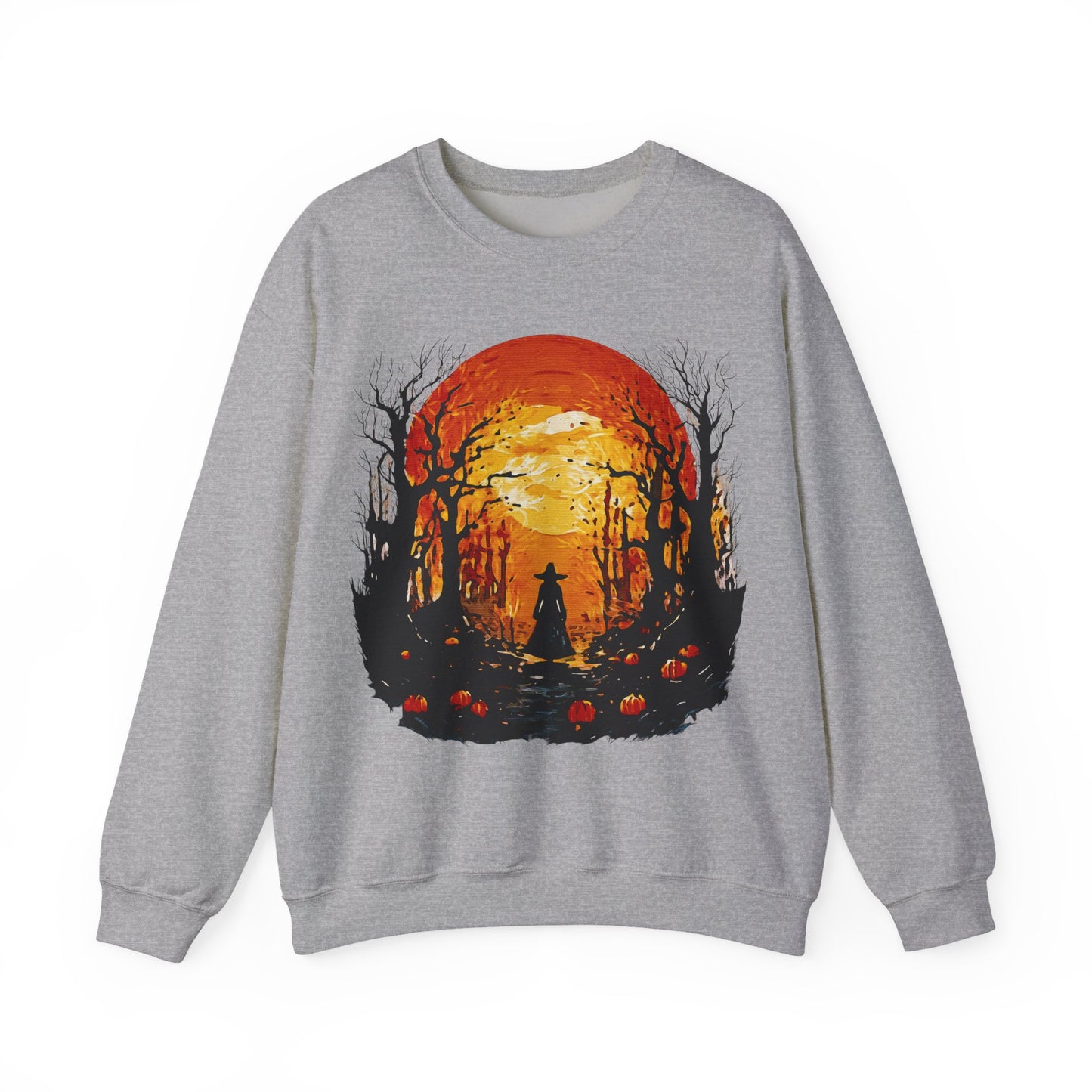 Moonlit Mischief: Autumn’s Enchanted Glow for Sweatshirts, mugs and more - Autumn Sunset Witch Sweatshirt - Cozy Unisex Crewneck for Fall, Halloween, Pumpkin Spice Lovers, Seasonal Fashion, Gift Idea