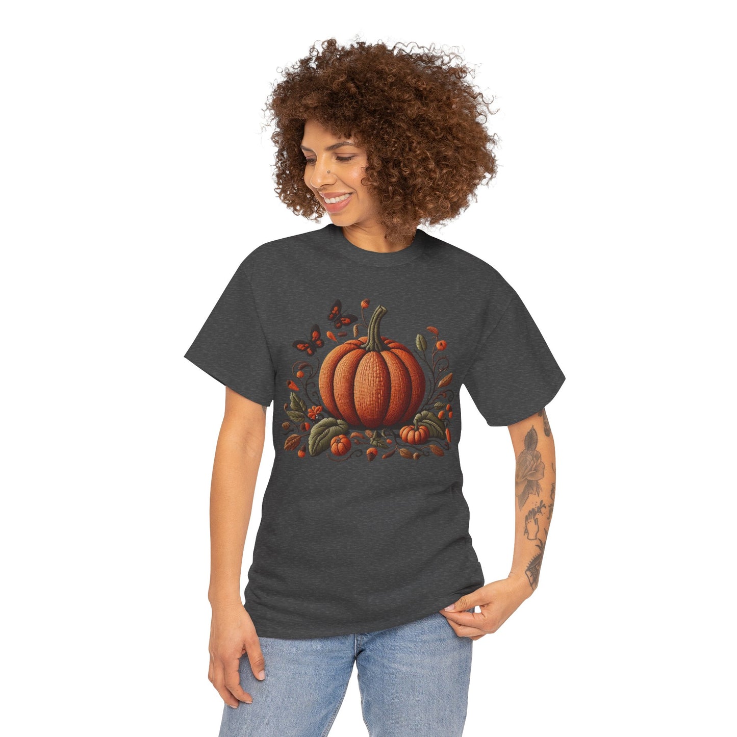 Pumpkin & Botanical Bliss โ Autumnโs Cozy Charm ๐๐ - Autumn Pumpkin Tee, Fall T-Shirt, Halloween Shirt, Thanksgiving Gift, Unisex Heavy Cotton Tee