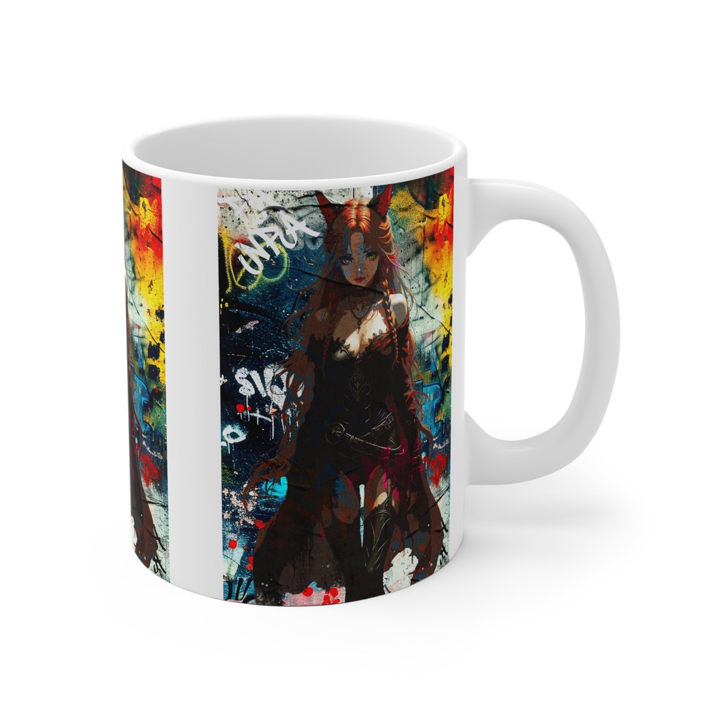 Warrior Anime Catgirl – Urban Fantasy Power on Character Mug, Unique Gift, Artful Coffee Cup, Anime Lover's Mug, Decorative Drinkware