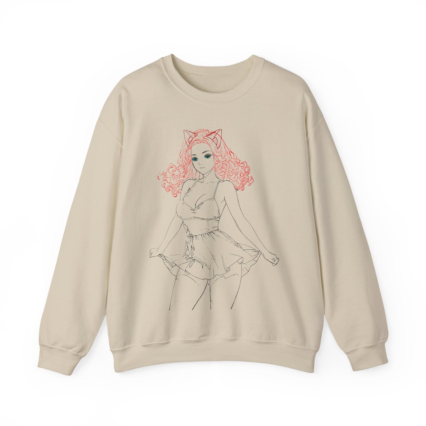 Chic Catgirl Crewneck Sweatshirt for Cozy Style, Women’s Fashion, Casual Wear, Gift for Cat Lovers, Cute Cartoon Apparel
