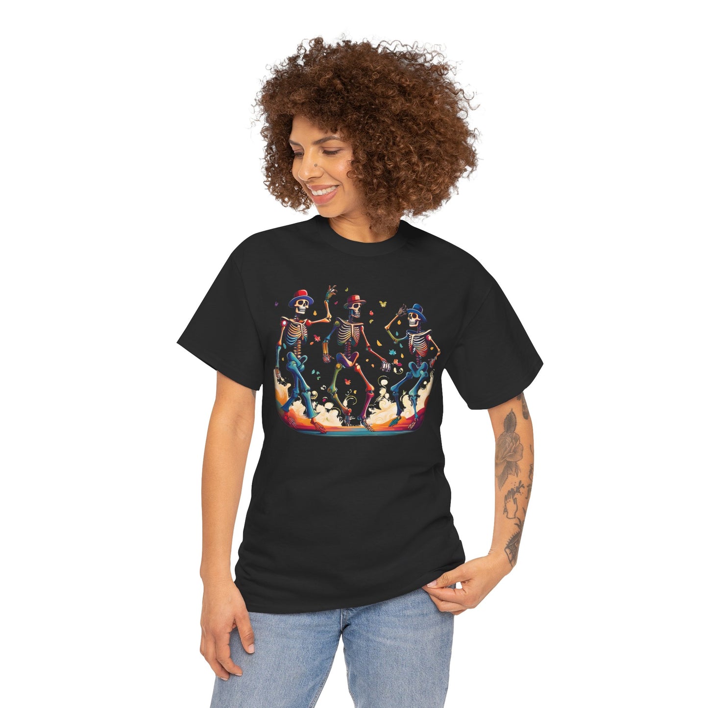 Dancing Skeletons Halloween Party - Spooky Fun Celebration Art - Festive Autumn Spirit Collection - Colorful Skeleton Dance Tee, Casual Halloween T-Shirt, Unique Gift for Parties, Unisex Graphic Shirt, Fun Everyday Wear