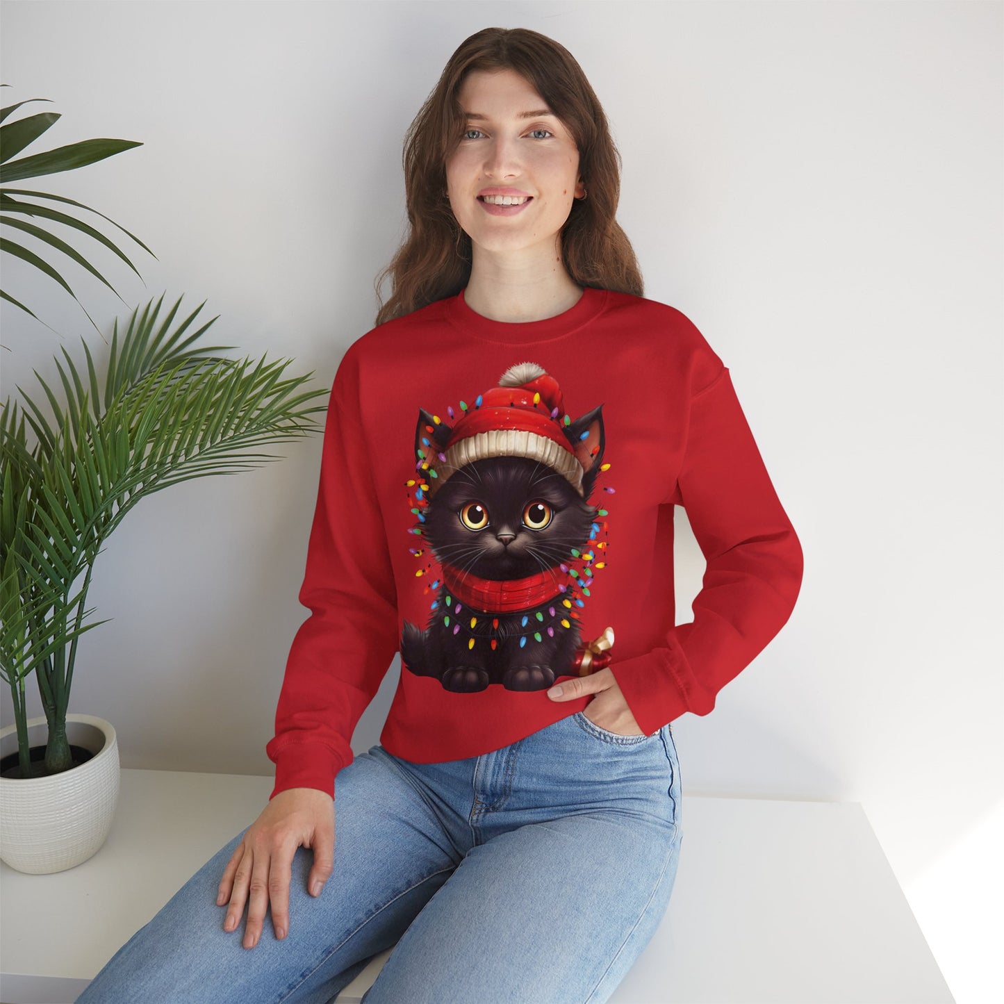 Holiday Heart: Kitten Wrapped in Christmas Lights - Festive Cat Crewneck Sweatshirt - Cozy Holiday Apparel, Warm Gift, Cute Winter Style, Pet Lover Sweatshirt, Christmas Sweater Alternative