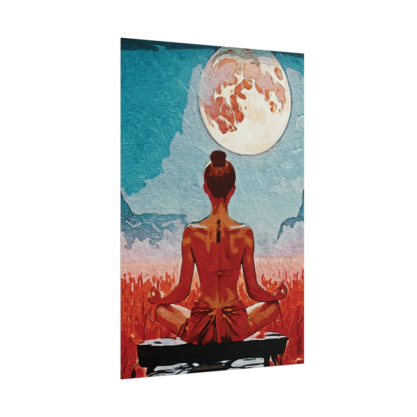 Serenity Under the Full Moon - Meditation Art Print, Zen Rolled Poster, Relaxation Decor, Spiritual Wall Art, Yoga Gift, Mindfulness Artwork