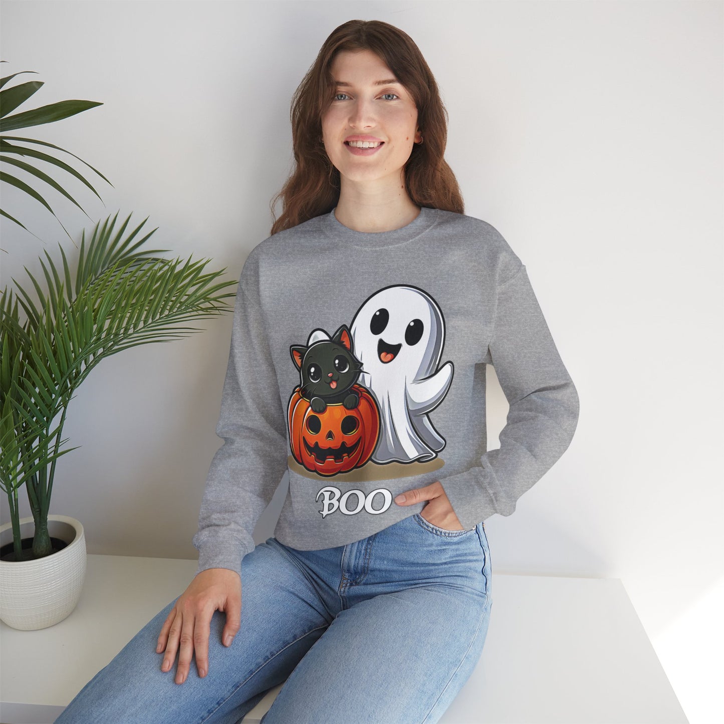 Spooky Smiles & Cozy Vibes – Halloween Boo Pumpkin Ghost Cat Edition - Cute Halloween Crewneck Sweatshirt with Ghost and Cat Design, Cozy Fall Apparel, Perfect for Spooky Season, Unisex Halloween Sweater, [...]
