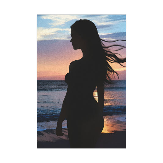 Whispers of the Horizon – Serene Silhouette at Sunset Capturing Peace, Beauty, and Timeless Grace - Silhouette Beach Matte Poster, Wall Art, Home Decor, Aesthetic Print, Artistic Decoration