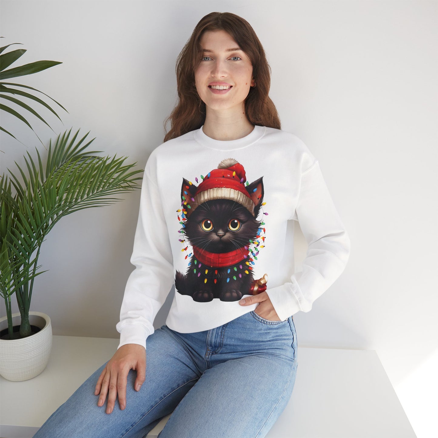 Holiday Heart: Kitten Wrapped in Christmas Lights - Festive Cat Crewneck Sweatshirt - Cozy Holiday Apparel, Warm Gift, Cute Winter Style, Pet Lover Sweatshirt, Christmas Sweater Alternative
