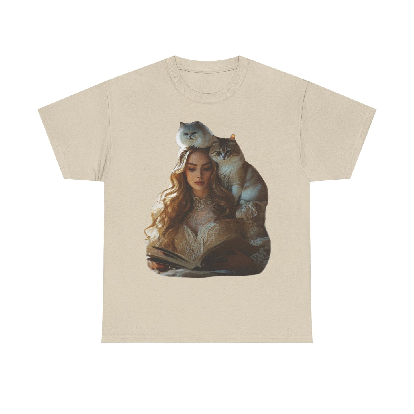 “Chapters & Companions: Peaceful Moments with Books, Cats, and Cozy Souls”  Description: - Book Lover Cat Tee, Unisex Heavy Cotton Tee for Cat Lovers, Cozy Graphic Shirt, Reading Gift, Cat Mom Gift, Pet Lover Apparel