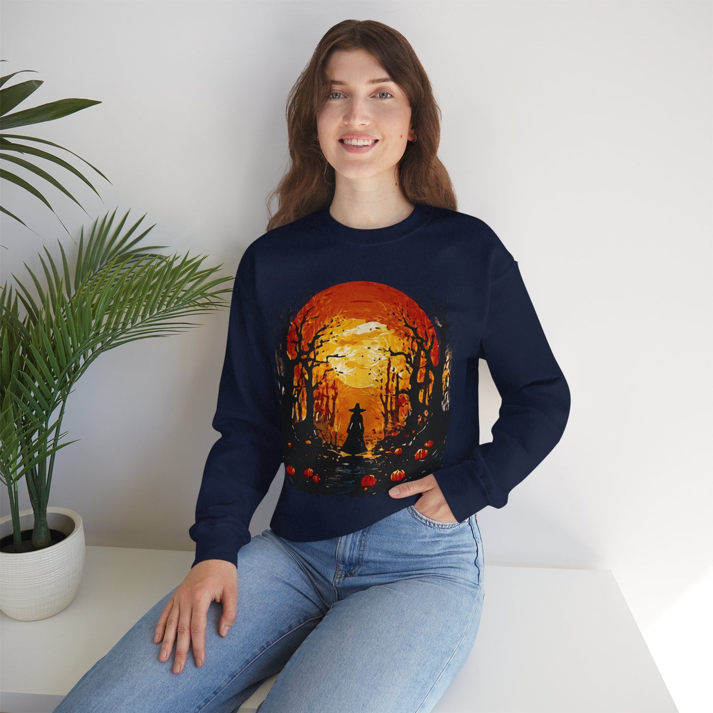 Moonlit Mischief: Autumn’s Enchanted Glow for Sweatshirts, mugs and more - Autumn Sunset Witch Sweatshirt - Cozy Unisex Crewneck for Fall, Halloween, Pumpkin Spice Lovers, Seasonal Fashion, Gift Idea