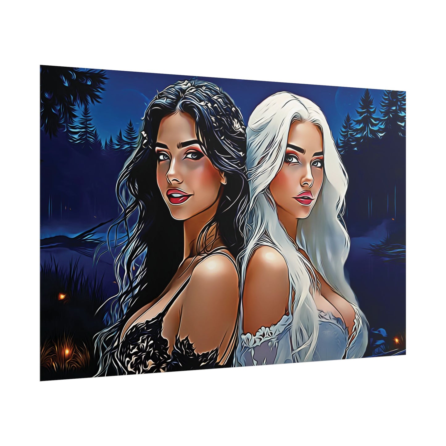 Moonlit Sisters of Opposites – Enchanted Night Art of Balance, Beauty, and Timeless Harmony - Mystical Duo Rolled Posters | Ethereal Art for Witchy Decor, Fantasy Wall Art, Gift for Her, Boho Home, Unique Prints
