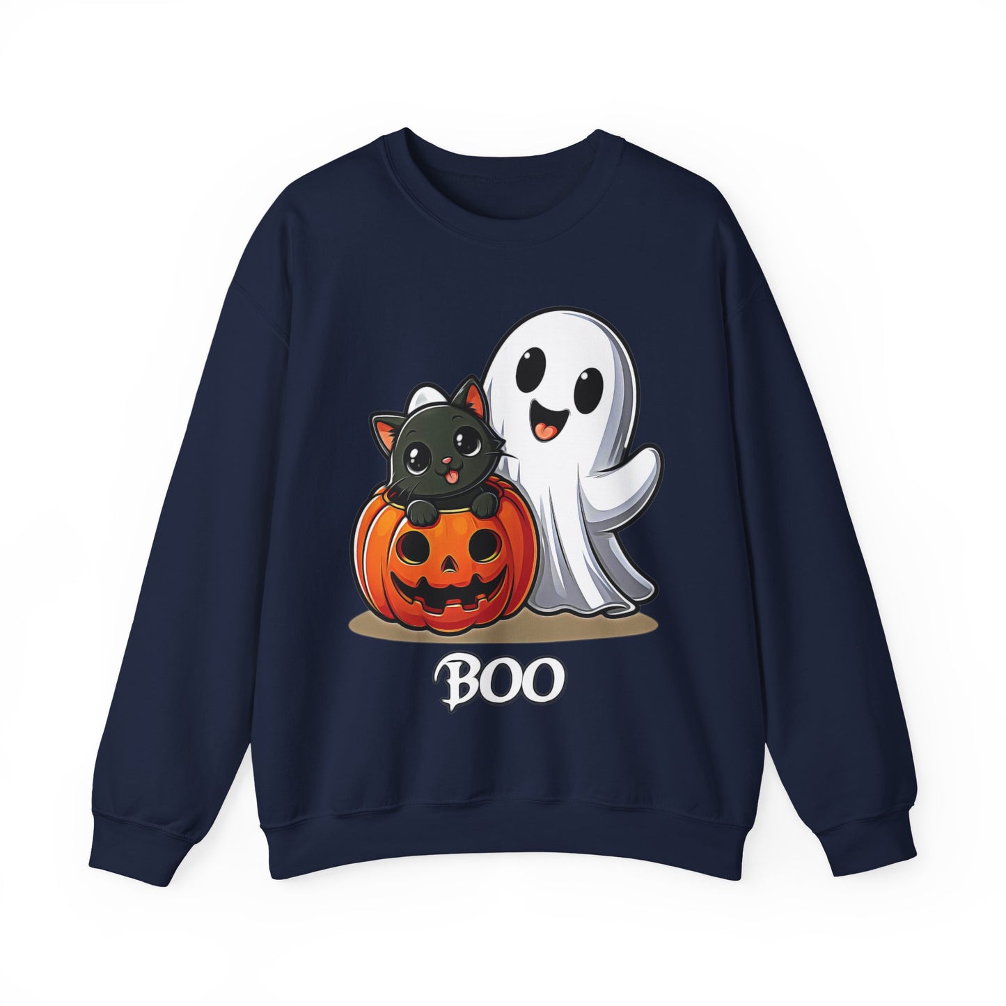 Spooky Smiles & Cozy Vibes – Halloween Boo Pumpkin Ghost Cat Edition - Cute Halloween Crewneck Sweatshirt with Ghost and Cat Design, Cozy Fall Apparel, Perfect for Spooky Season, Unisex Halloween Sweater, [...]