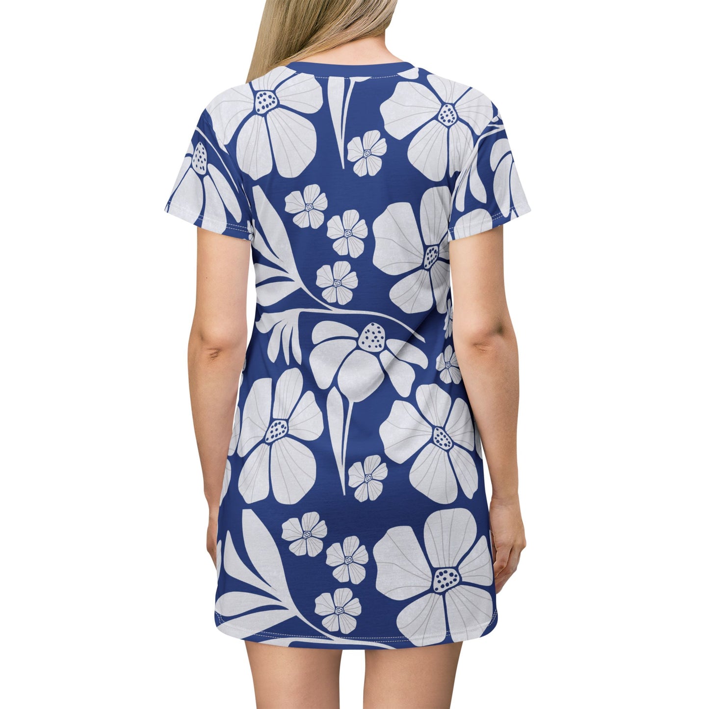 Retro Look White Flower Design T-Shirt Dress