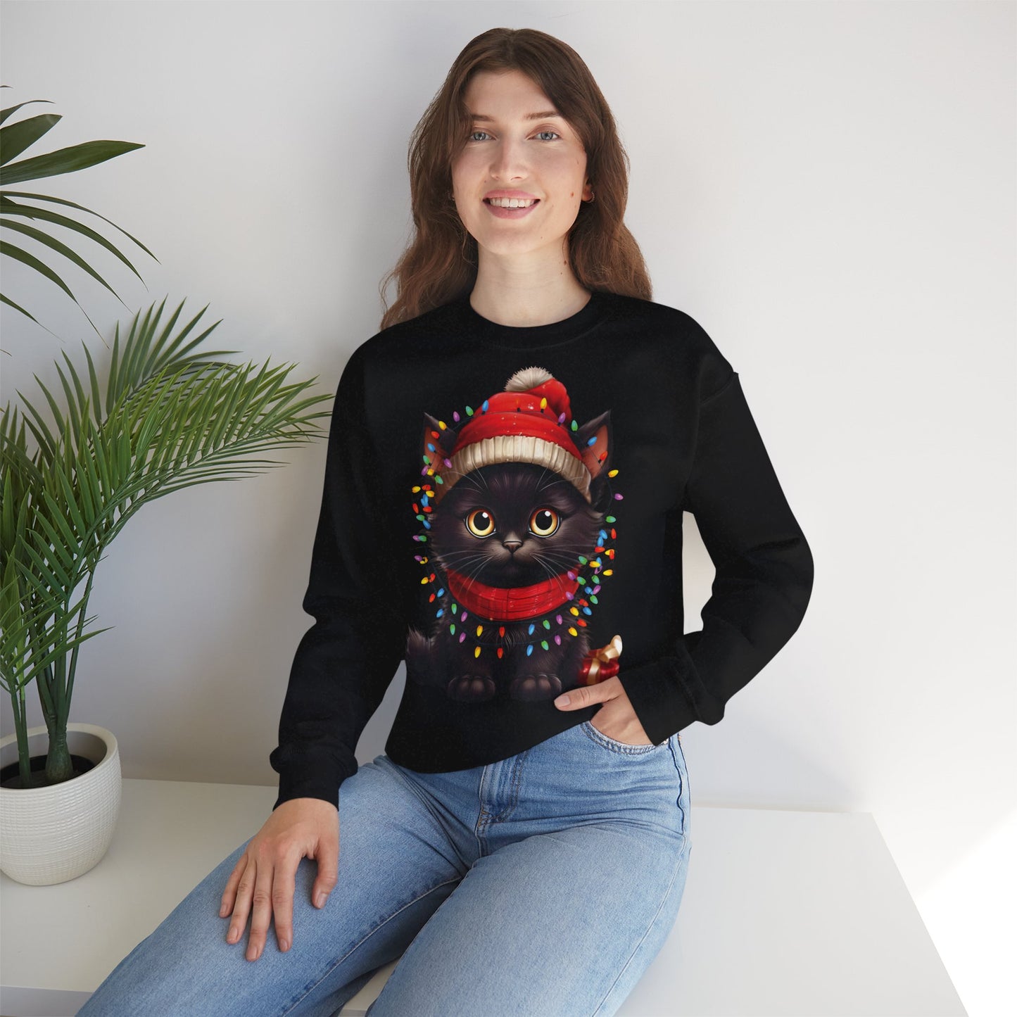 Holiday Heart: Kitten Wrapped in Christmas Lights - Festive Cat Crewneck Sweatshirt - Cozy Holiday Apparel, Warm Gift, Cute Winter Style, Pet Lover Sweatshirt, Christmas Sweater Alternative