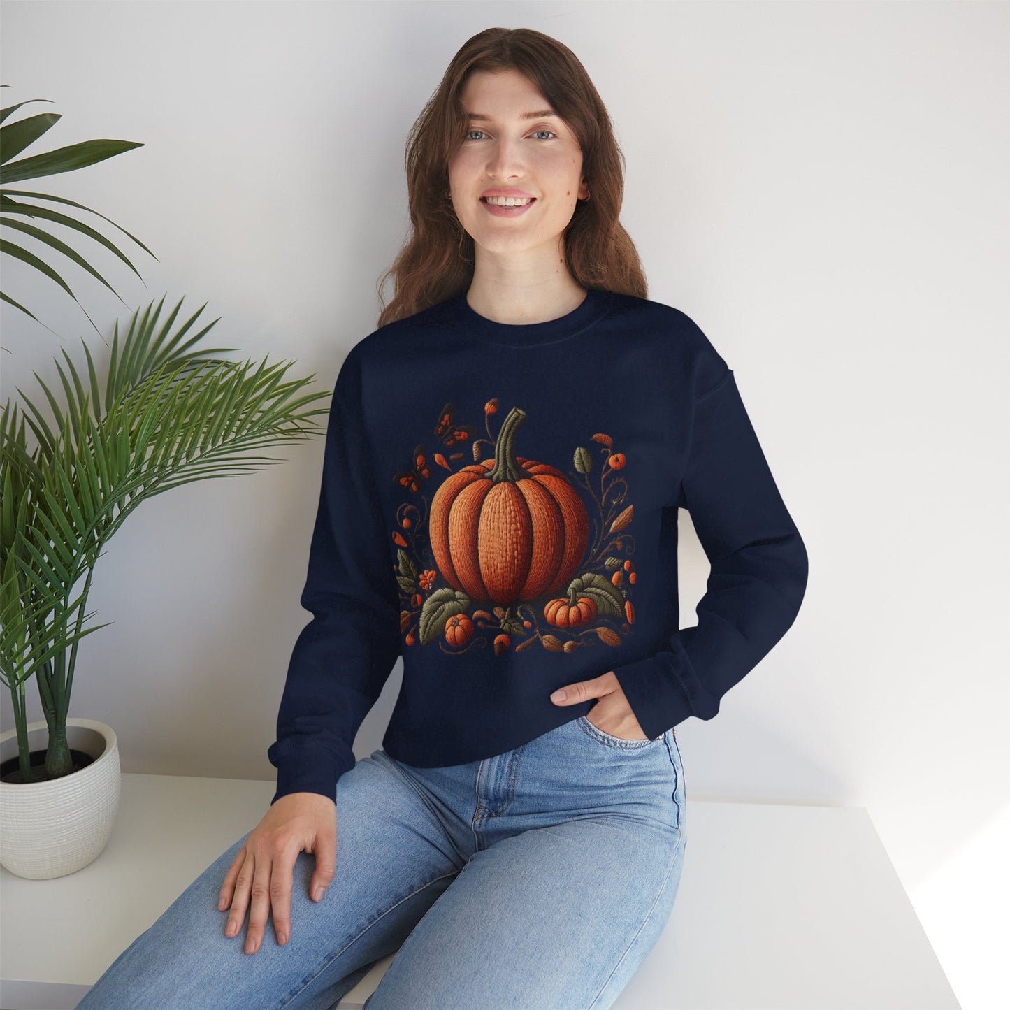 Pumpkin & Botanical Bliss – Autumn’s Cozy Charm 🎃🍂 - Autumn Pumpkin Sweatshirt - Cozy Fall Apparel, Unisex Crewneck, Thanksgiving Gift, Seasonal Fashion, Pumpkin Patch Style