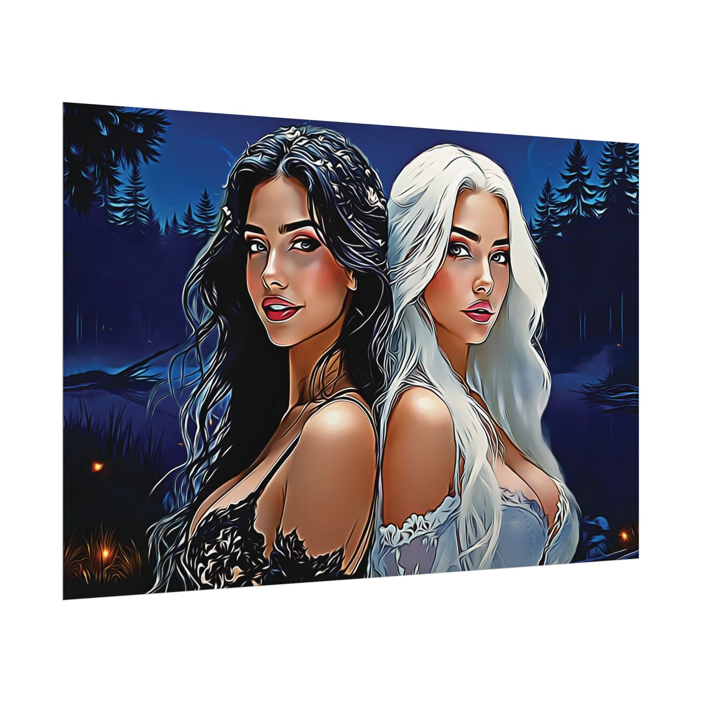 Moonlit Sisters of Opposites – Enchanted Night Art of Balance, Beauty, and Timeless Harmony - Mystical Duo Rolled Posters | Ethereal Art for Witchy Decor, Fantasy Wall Art, Gift for Her, Boho Home, Unique Prints