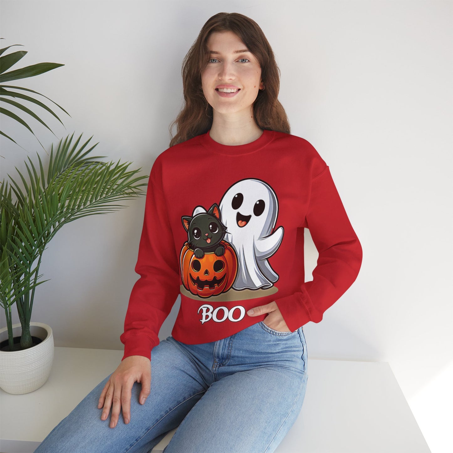Spooky Smiles & Cozy Vibes – Halloween Boo Pumpkin Ghost Cat Edition - Cute Halloween Crewneck Sweatshirt with Ghost and Cat Design, Cozy Fall Apparel, Perfect for Spooky Season, Unisex Halloween Sweater, [...]