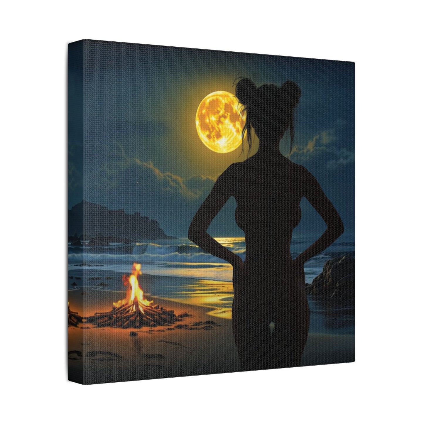 Roxie’s Midnight Swim – Moonlit Beach - Satin Canvas Print, Wall Art for Home Decor, Nighttime Serenity, Coastal Vibes, Gift for Nature Lovers, Personalized Artwork