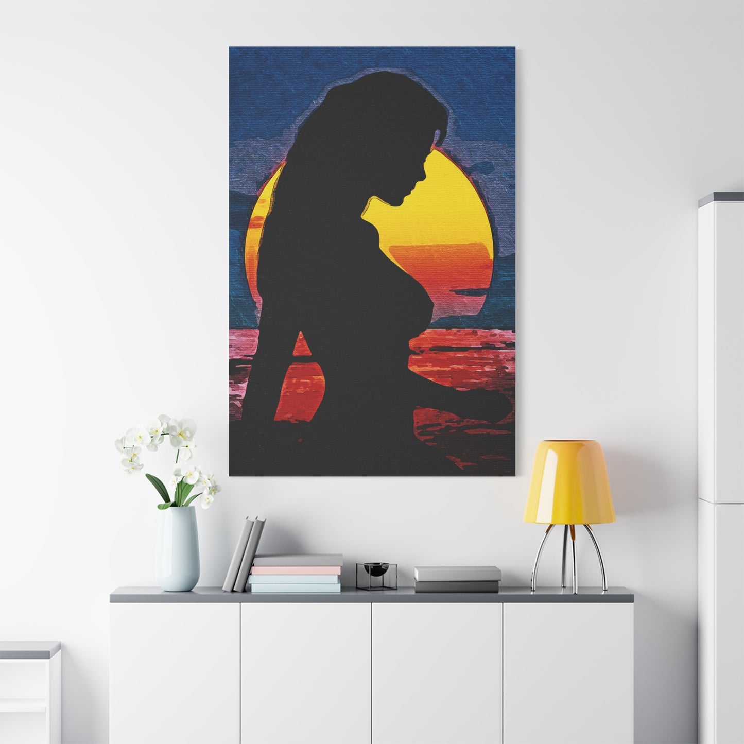 Radiant Horizons: Empowering Silhouette by Sunset – Embrace Inner Strength and Inspiring Beauty - Sunset Silhouette Canvas Wall Art, Inspirational Home Décor, Modern Art Print, Gift for Her, Boho Vibes, Perfect for Beach Lovers