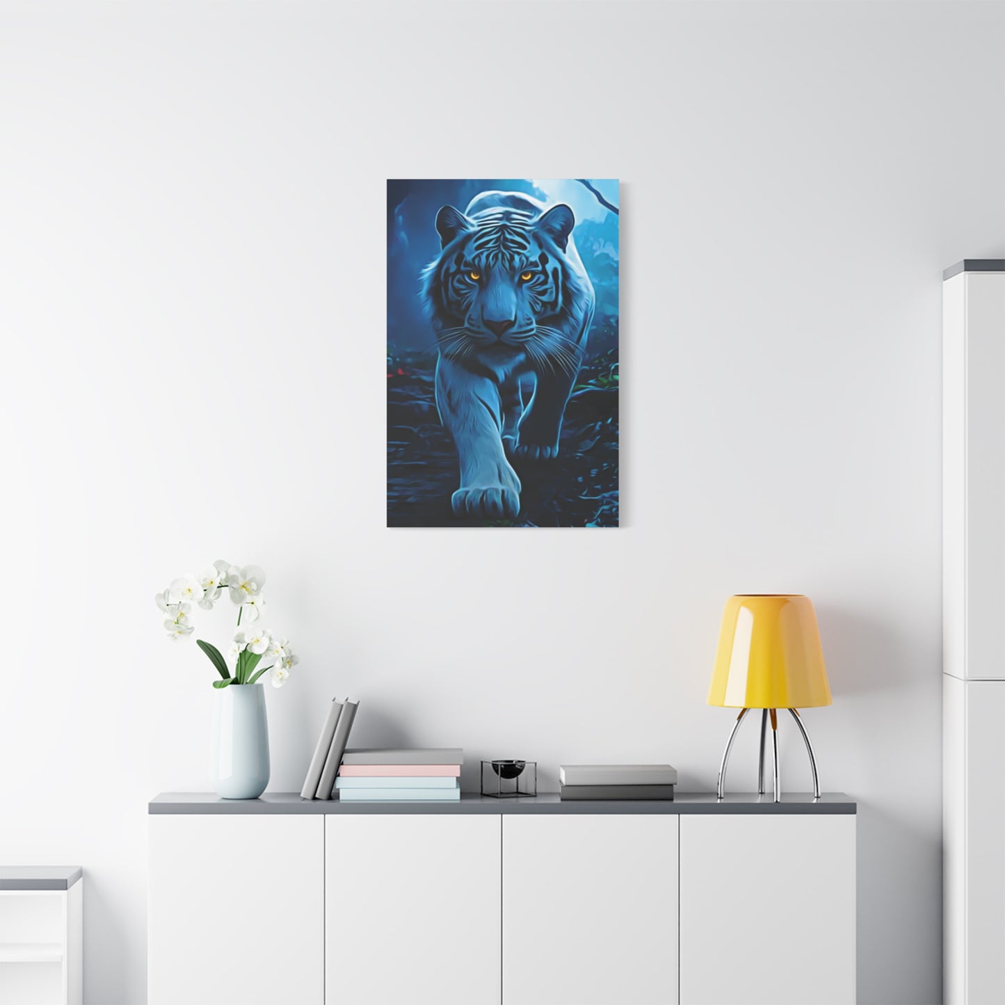 🐅 Blue Ember: Strength in Stillness, Power in Motion - Majestic White Tiger Wall Art, Canvas Print, Home Decor, Animal Lover Gift, Wildlife Artwork, Unique Gift Idea, Eco-Friendly Decor