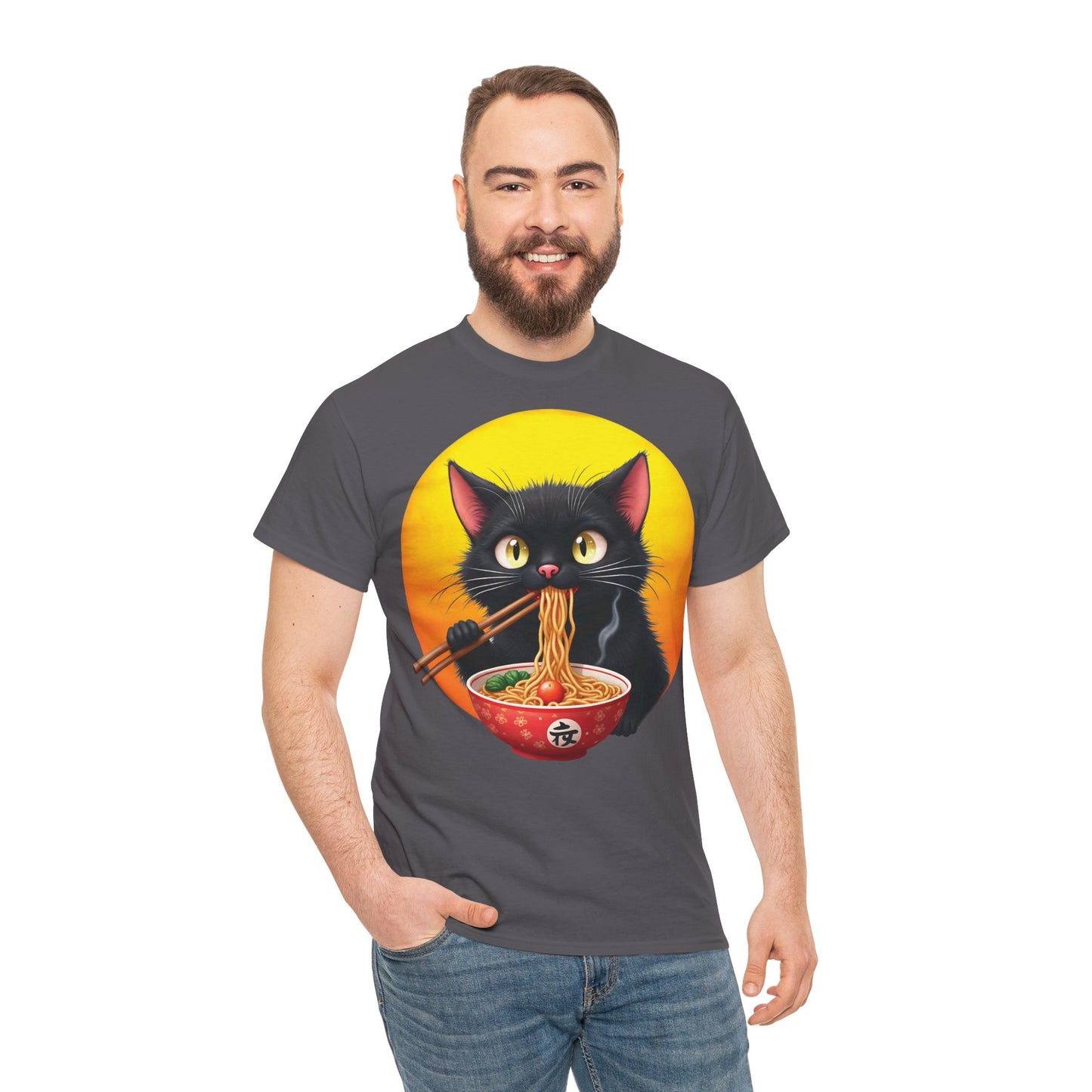 Ramen Cat Magic – Whiskers, Noodles & Sunshine Vibes - Ramen Cat - Cute Cat with Bowl of Noodles Unisex Heavy Cotton Tee