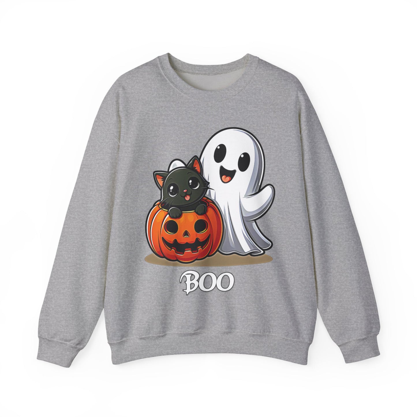 Spooky Smiles & Cozy Vibes – Halloween Boo Pumpkin Ghost Cat Edition - Cute Halloween Crewneck Sweatshirt with Ghost and Cat Design, Cozy Fall Apparel, Perfect for Spooky Season, Unisex Halloween Sweater, [...]
