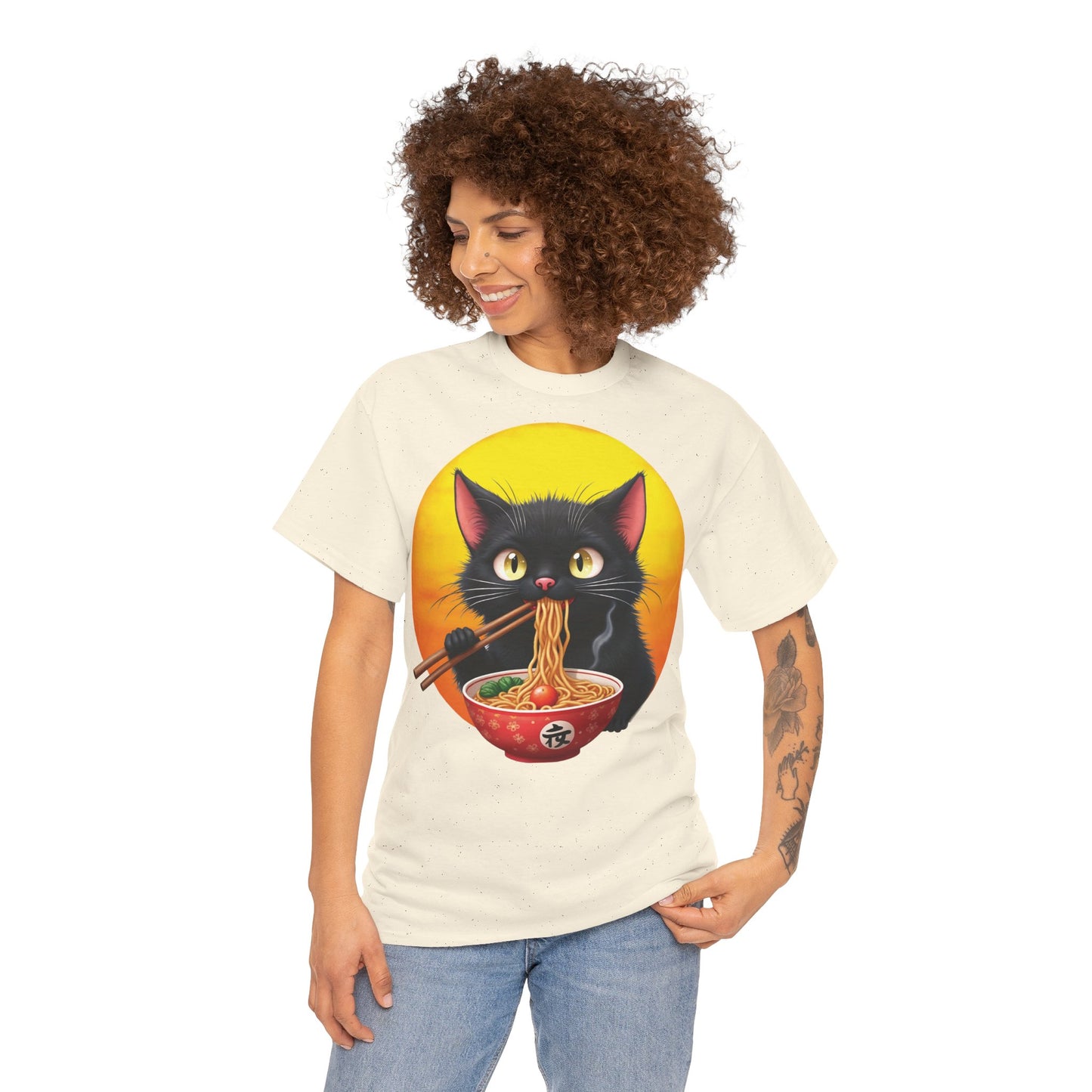 Ramen Cat Magic – Whiskers, Noodles & Sunshine Vibes - Ramen Cat - Cute Cat with Bowl of Noodles Unisex Heavy Cotton Tee