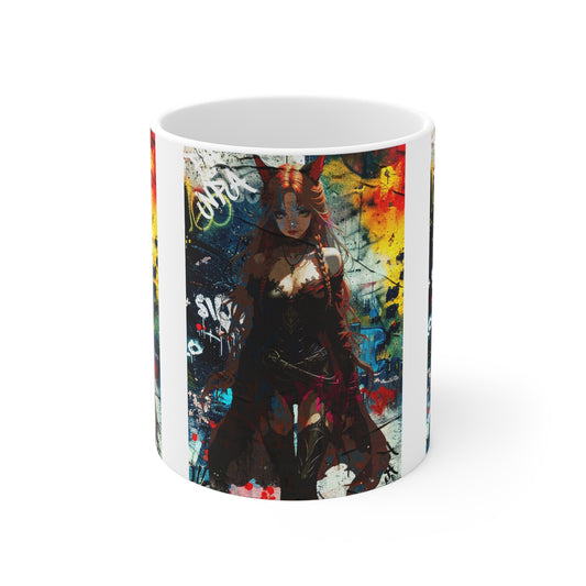 Warrior Anime Catgirl – Urban Fantasy Power on  Character Mug, Unique Gift, Artful Coffee Cup, Anime Lover's Mug, Decorative Drinkware