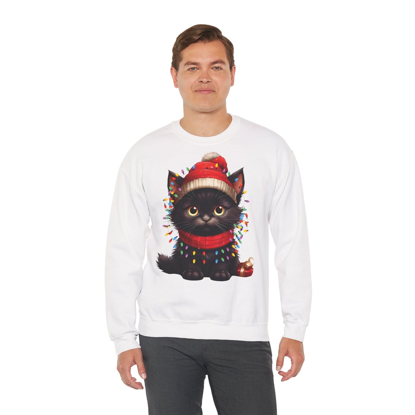 Holiday Heart: Kitten Wrapped in Christmas Lights - Festive Cat Crewneck Sweatshirt - Cozy Holiday Apparel, Warm Gift, Cute Winter Style, Pet Lover Sweatshirt, Christmas Sweater Alternative