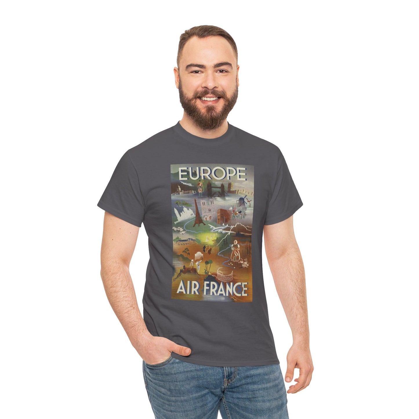 Vintage Air France 1948: Retro Travel Poster Celebrating Europe’s Beauty, Adventure, and Timeless Wanderlust - Unisex Heavy Cotton Tee