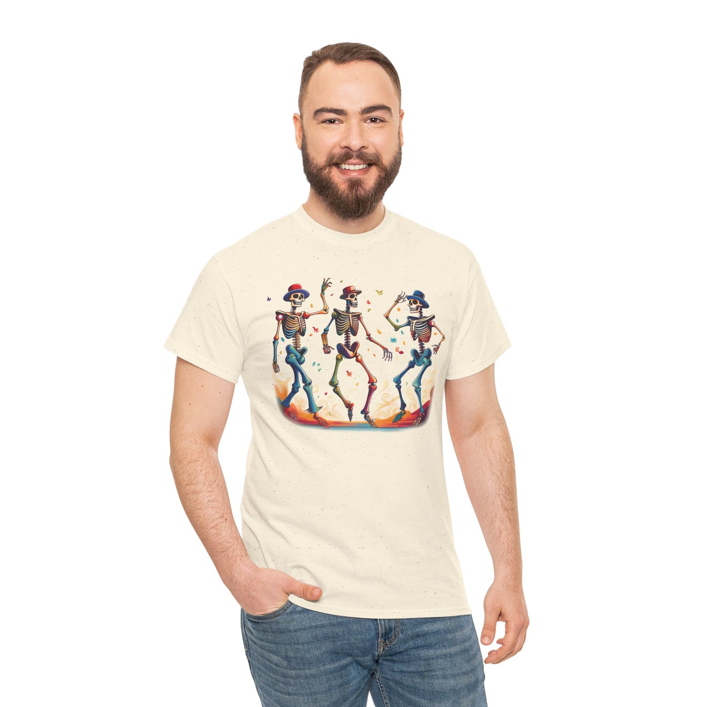 Dancing Skeletons Halloween Party - Spooky Fun Celebration Art - Festive Autumn Spirit Collection - Colorful Skeleton Dance Tee, Casual Halloween T-Shirt, Unique Gift for Parties, Unisex Graphic Shirt, Fun Everyday Wear